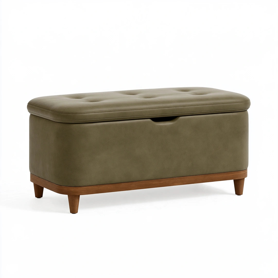 Banc de rangement 100 x 40 x 45 cm vert olive revêtement synthétique pieds en bois assise capitonnée
