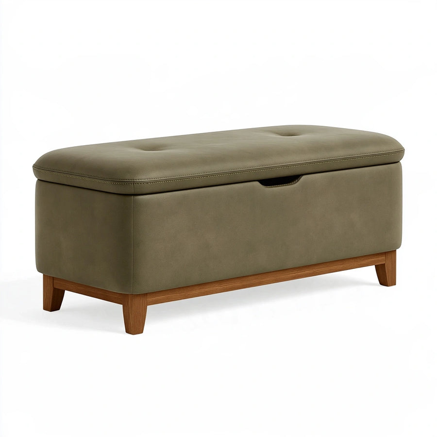 Banc de rangement 100 x 40 x 45 cm en revêtement synthétique vert kaki avec pieds en bois style contemporain