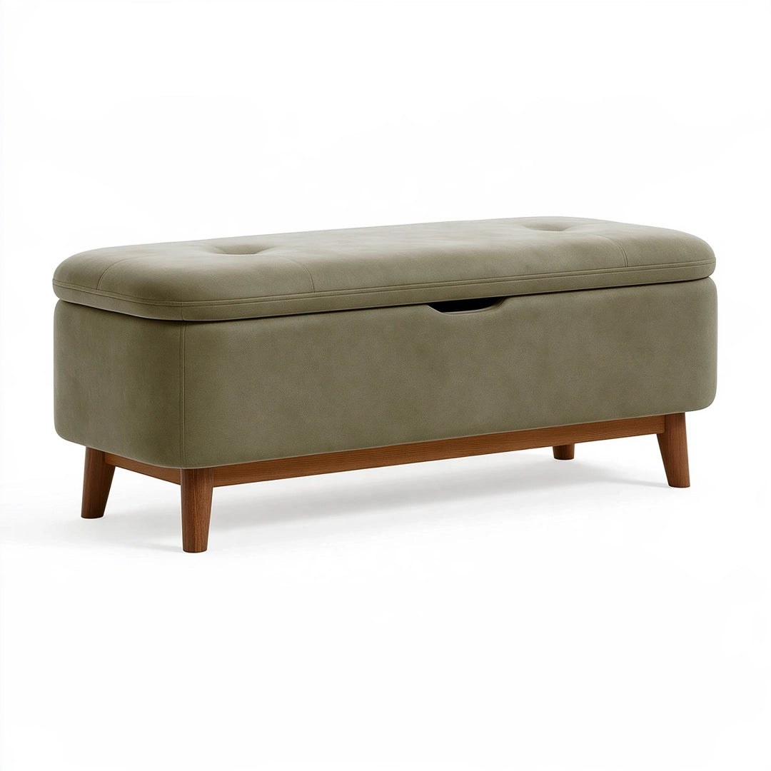 Banc coffre 120 x 45 x 48 cm en revêtement aspect cuir vert kaki avec pieds en bois style rétro