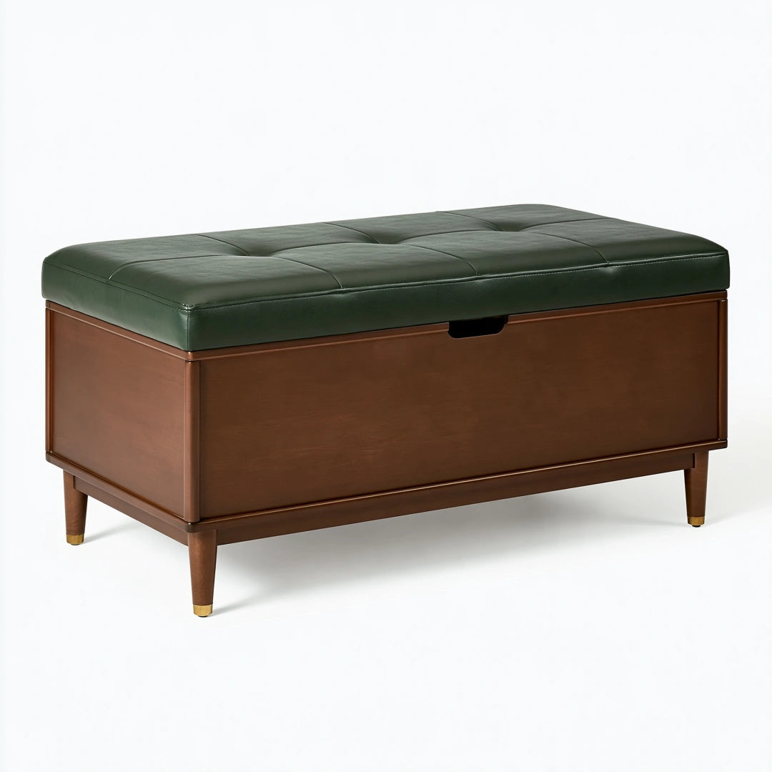 Banc coffre de rangement 120 x 45 x 50 cm bois marron assise aspect cuir vert capitonnée