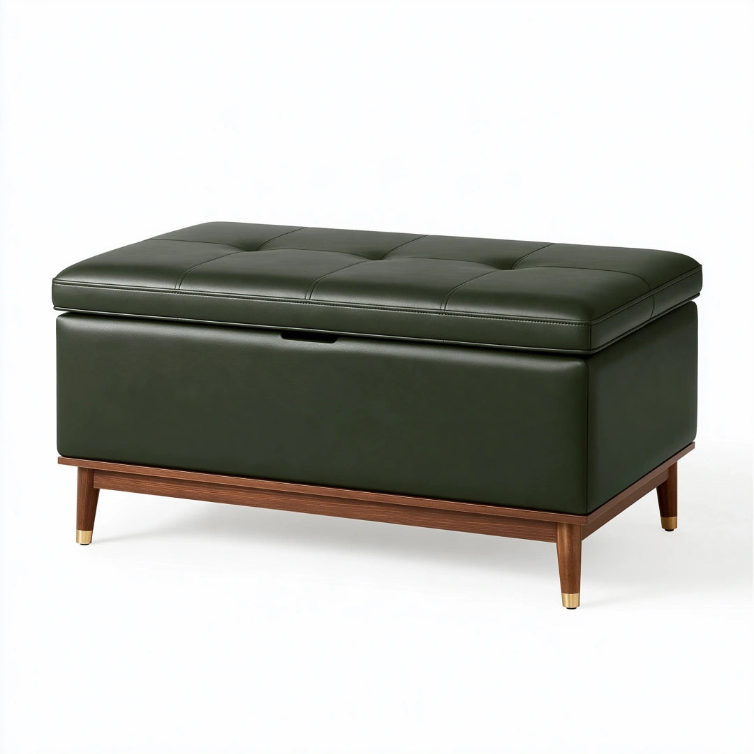 Banc coffre 120 x 60 cm en revêtement aspect cuir vert foncé avec piètement en bois