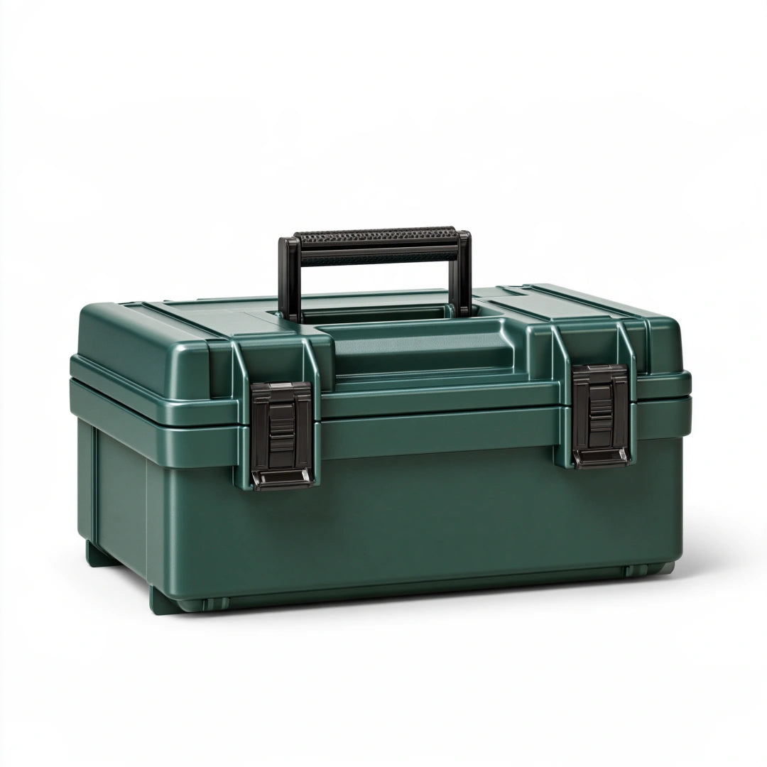 Mallette à outils 45 x 25 x 24 cm en plastique rigide vert foncé avec poignée et fermoirs