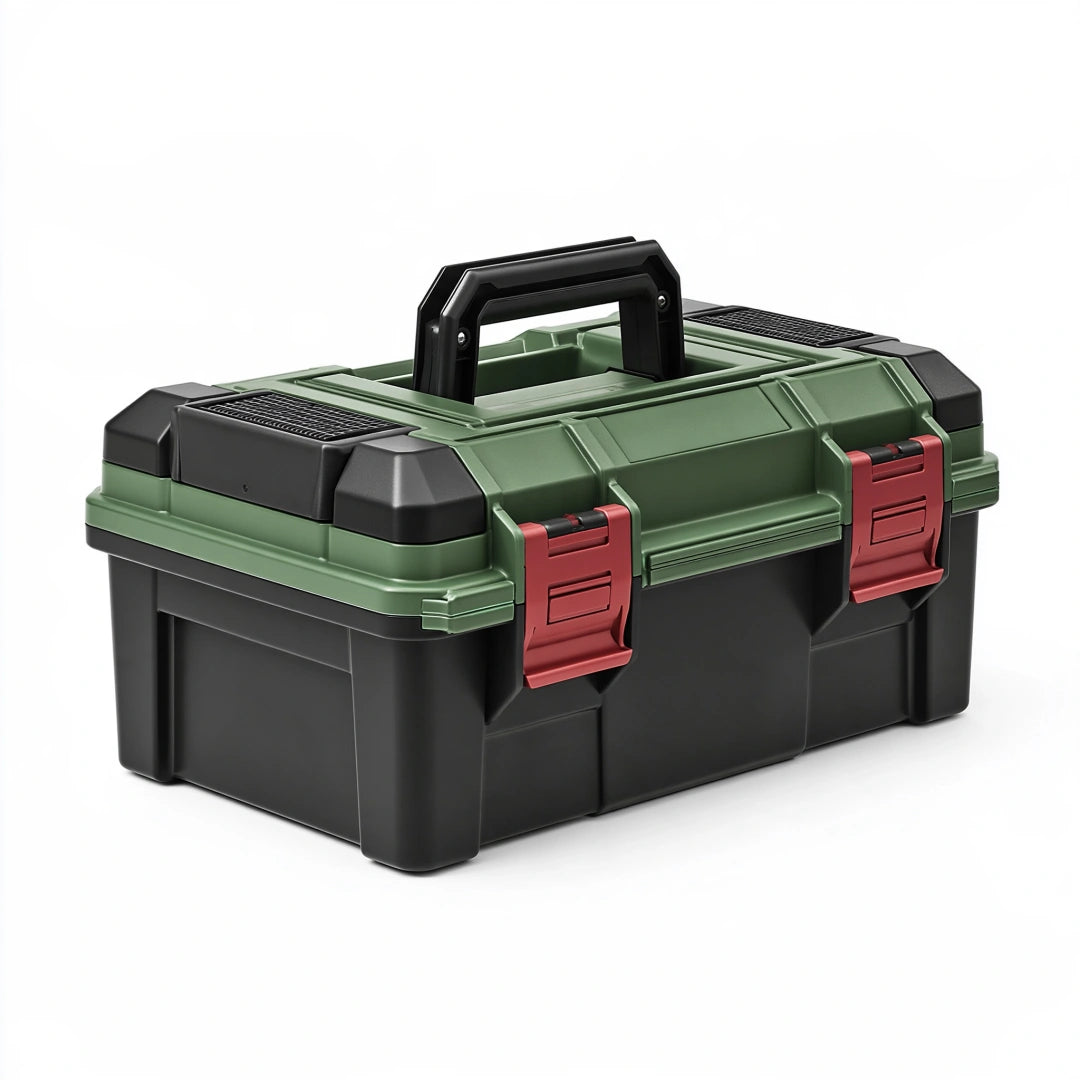 Boîte à outils 48 x 25 x 24 cm en plastique vert noir rouge avec poignée et fermoirs