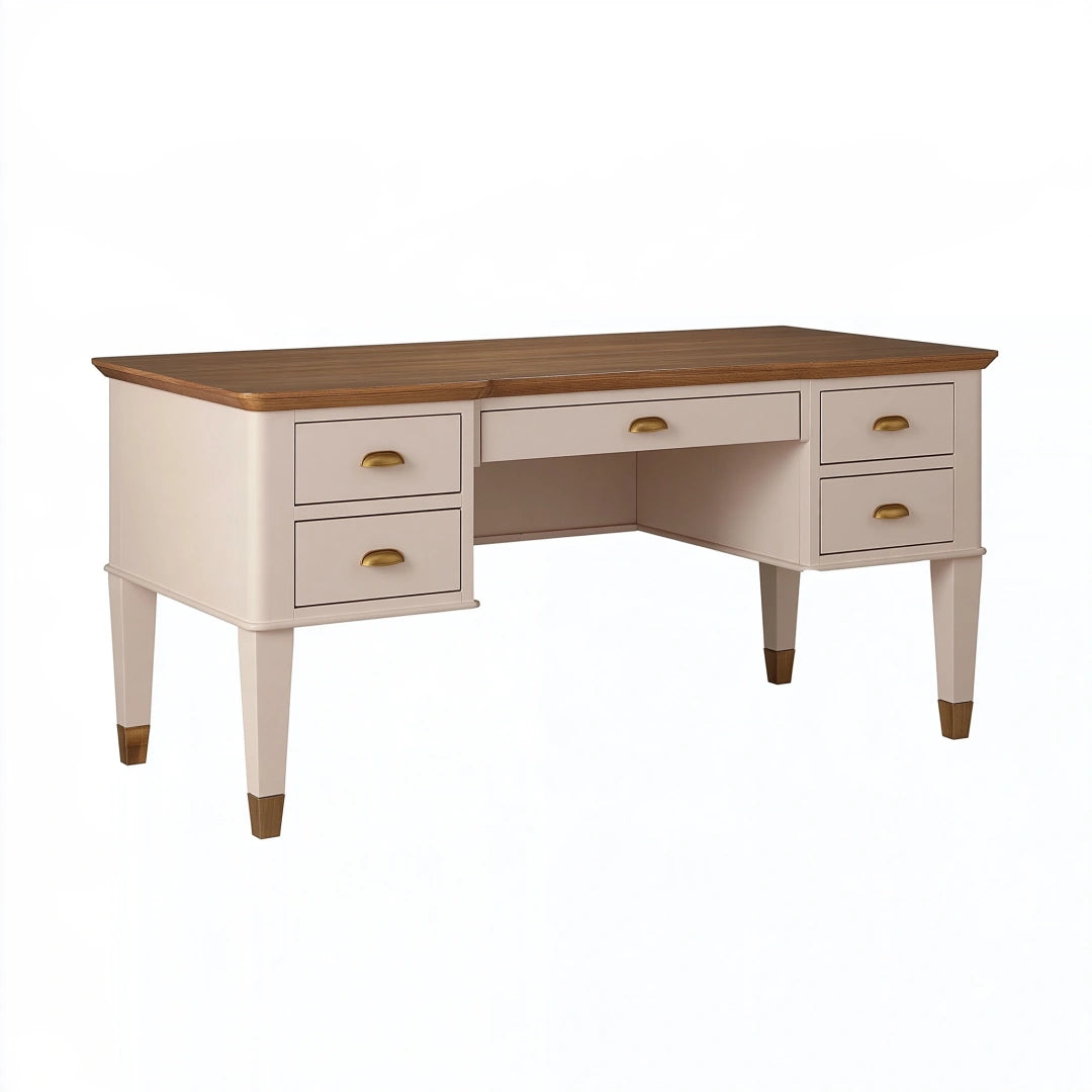 Bureau 140 x 60 x 75 cm en bois beige et noyer à 5 tiroirs style vintage