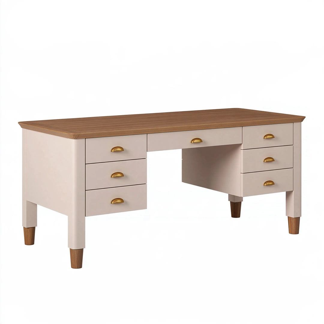 Bureau 140 x 60 x 75 cm en bois beige et marron avec 7 tiroirs style rétro
