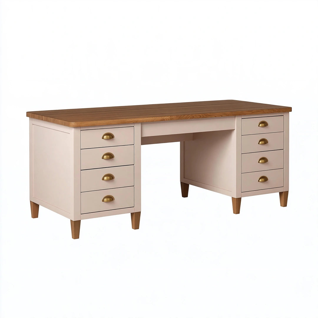Bureau 140 x 60 cm à 8 tiroirs beige et bois style rétro