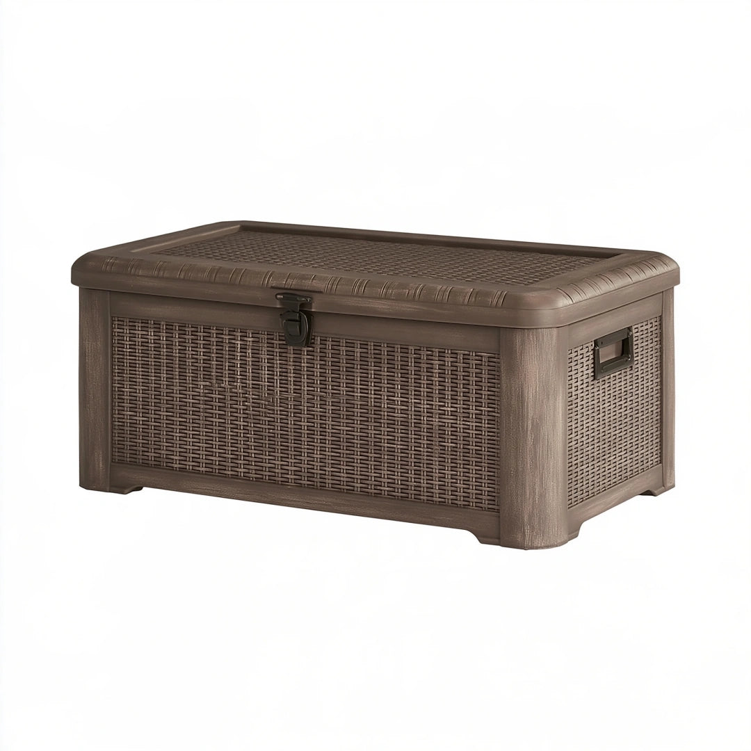 Coffre de rangement extérieur 120 x 56 x 63 cm en résine brun effet tressé avec couvercle