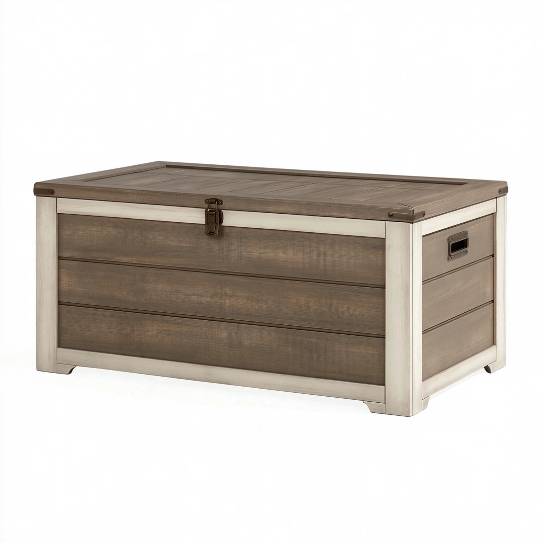Coffre de rangement 120 x 60 x 65 cm en bois brun et beige avec couvercle style rustique