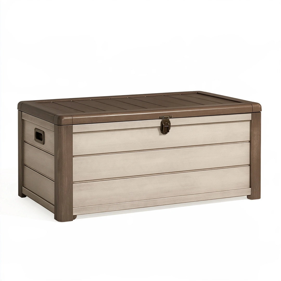 Coffre de rangement extérieur 120 x 60 x 65 cm en résine beige et marron avec couvercle verrouillable