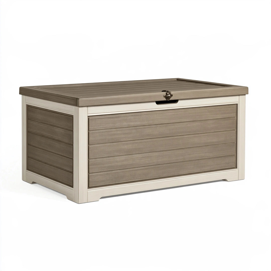 Coffre de rangement 120 x 60 x 63 cm en plastique gris taupe style bois avec couvercle