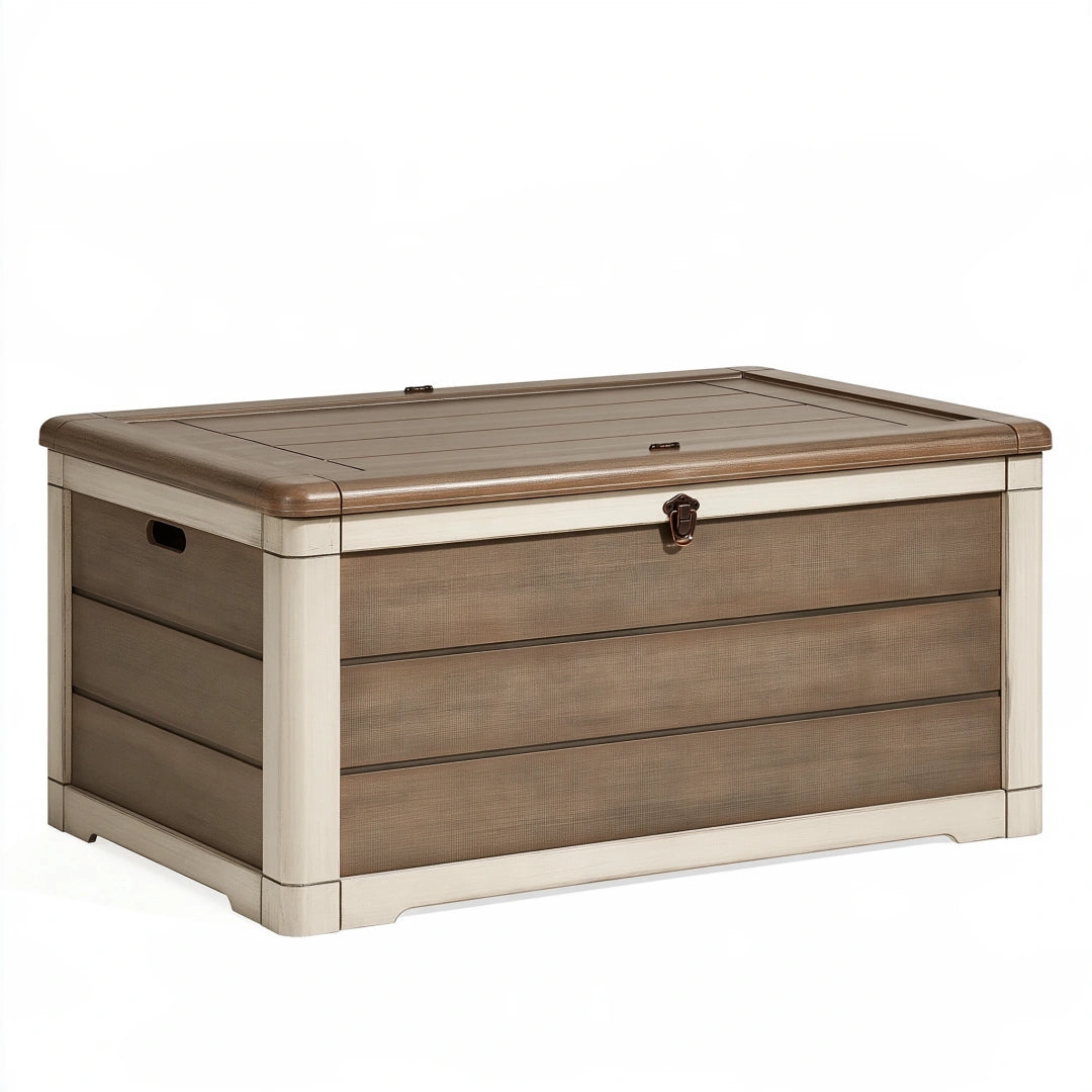 Coffre de rangement 110 x 50 x 55 cm en bois brun et beige à couvercle style classique