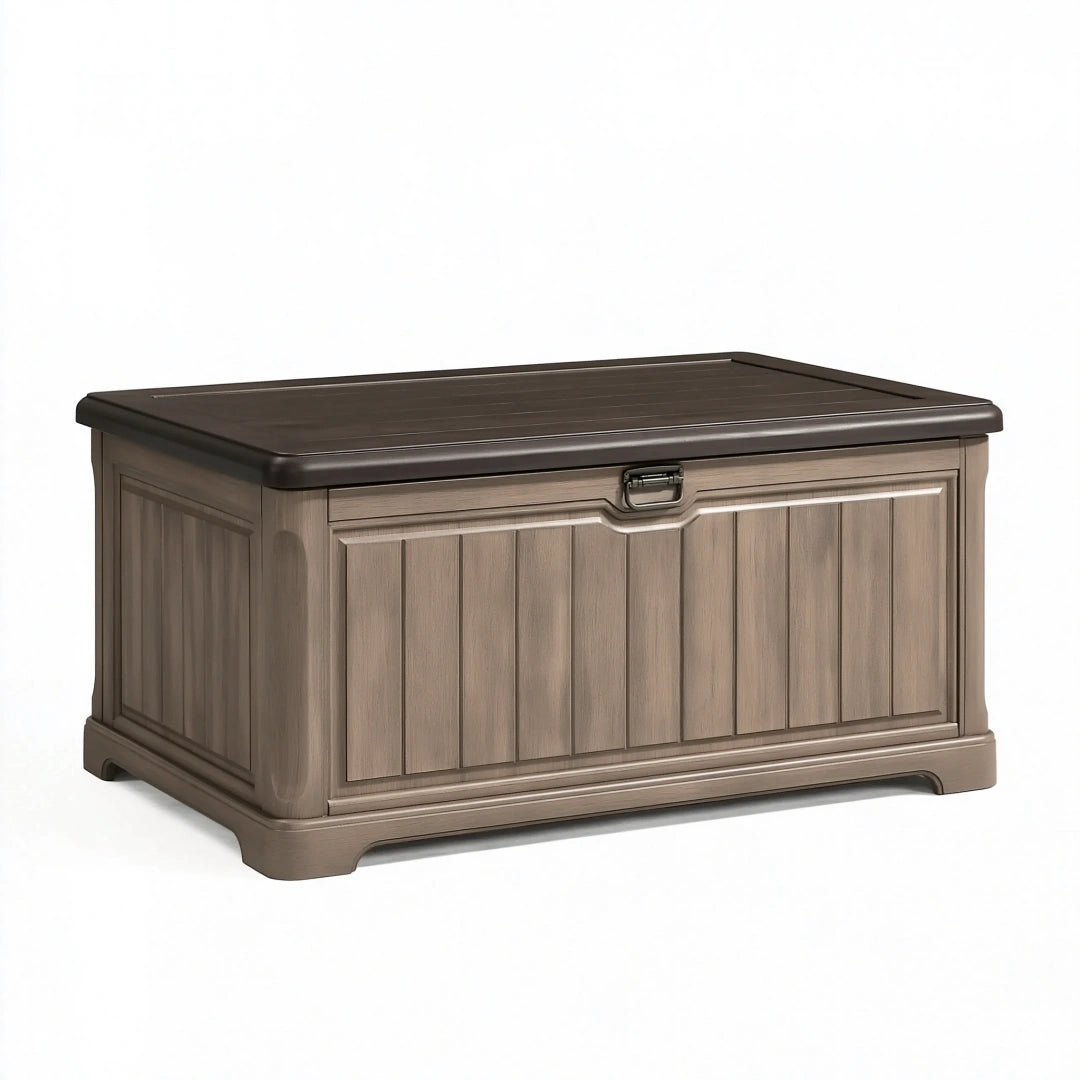 Coffre de rangement 120 x 60 x 65 cm en résine taupe pour jardin style classique