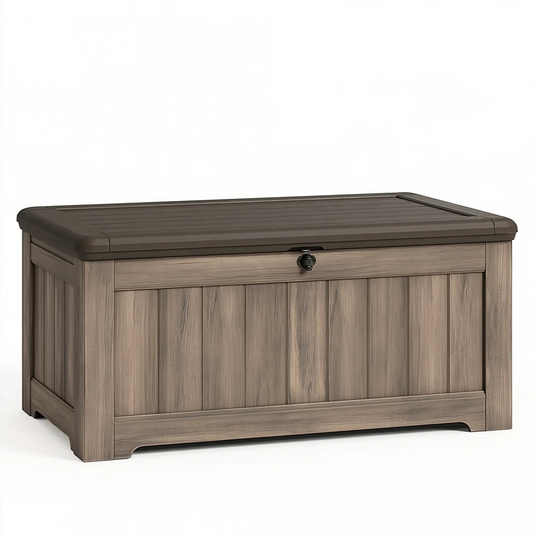 Coffre de rangement extérieur 120 x 55 x 60 cm en résine brun effet bois avec couvercle verrouillable