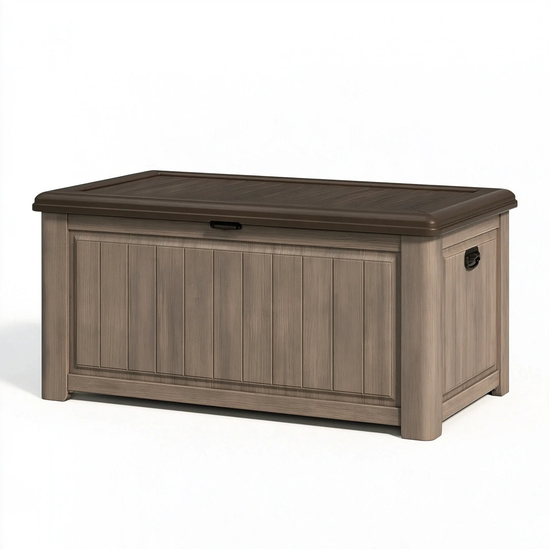 Coffre de rangement extérieur 120 x 60 x 60 cm en résine taupe avec couvercle